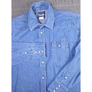 Vintage Wrangler Denim Shirt Mens XLT Western Pearl Snap Rodeo Cowboy Chore